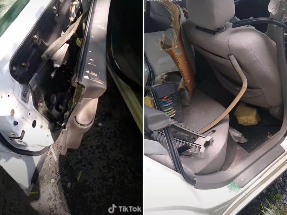 Two pictures of the inside of a car with torn-up seats and parts of the door broken off as damaged by a bear that was inside the vehicle.