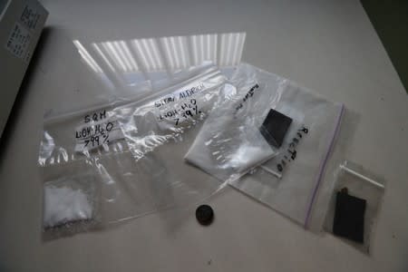 Bags with lithium inside are seen in a laboratory of the University of Antofagasta