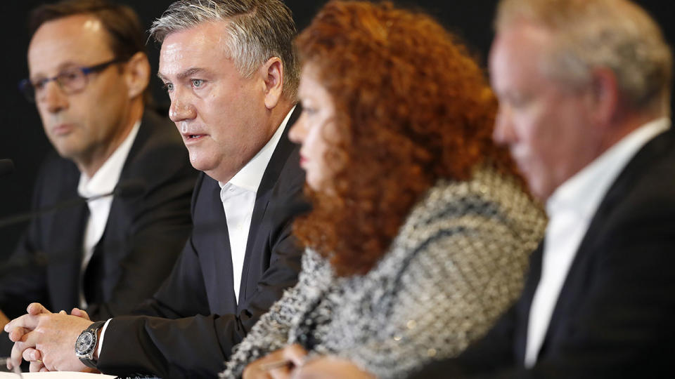 Collingwood CEO Mark Anderson, President Eddie McGuire and Integrity Committee members Jodie Sizer and Peter Murphy, pictured here speaking to the media.