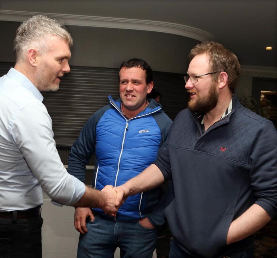 Impartial Reporter: Dr. Ryan Law (left), an animal nutritionist with Anupro, and guest speaker at Fermanagh Grassland Club, meeting Colin Foster, Macken and Kyle Beacom, Kinawley.