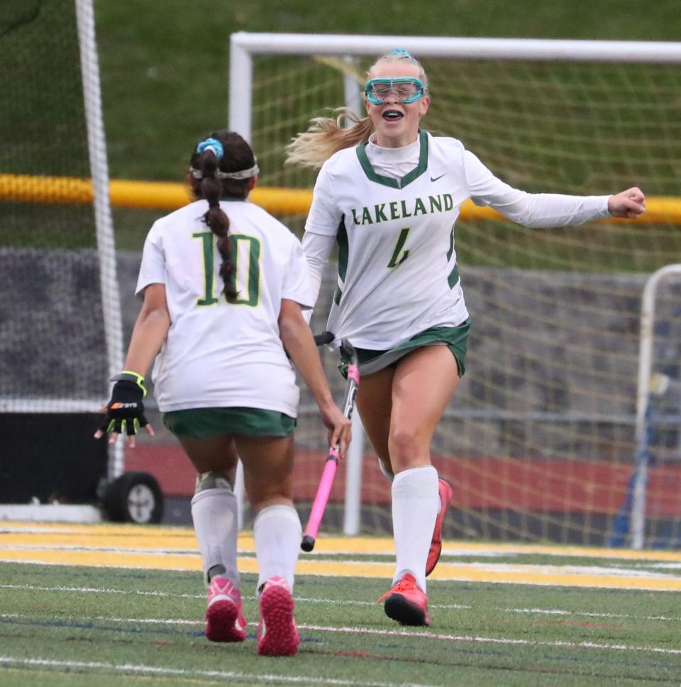 Lakeland's Emily Daniel (10) celebrates her goal with Gabriella Santini during a game with Horace Greeley at Lakeland Oct. 3, 2022. Lakeland won 1-0.