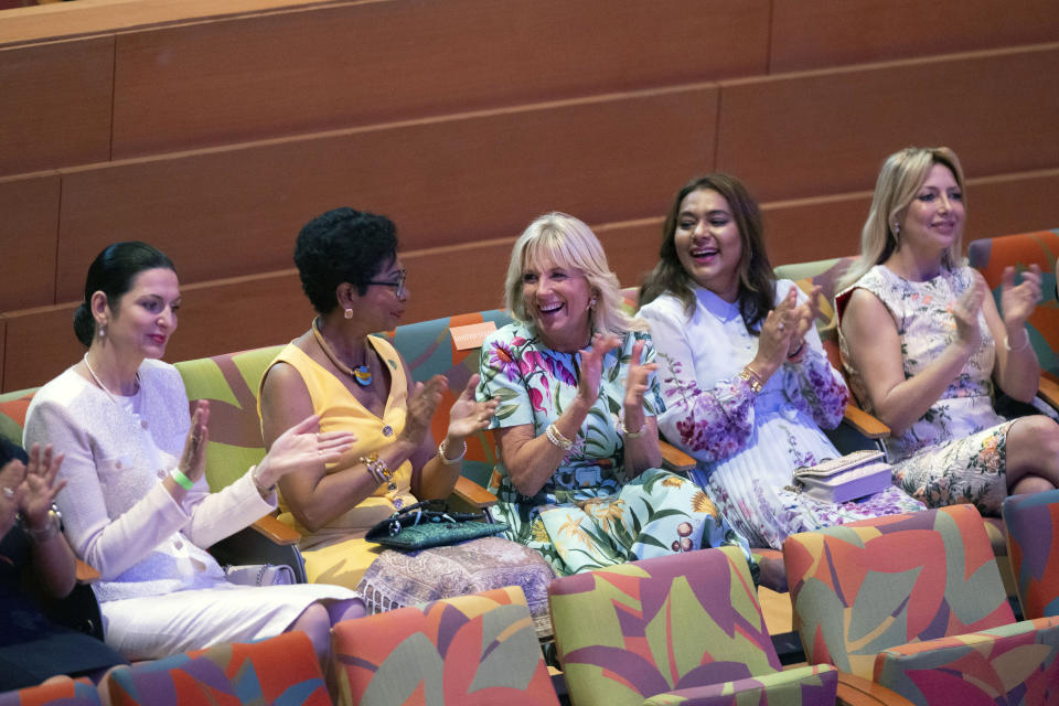 First lady Jill Biden, center, and spouses of heads of state applaud a musical performance by Youth Orchestra Los Angeles at The Walt Disney Concert Hall during a spouses luncheon at the Summit of the Americas, Friday, June 10, 2022, in Los Angeles. (AP Photo/Michael Owen Baker)