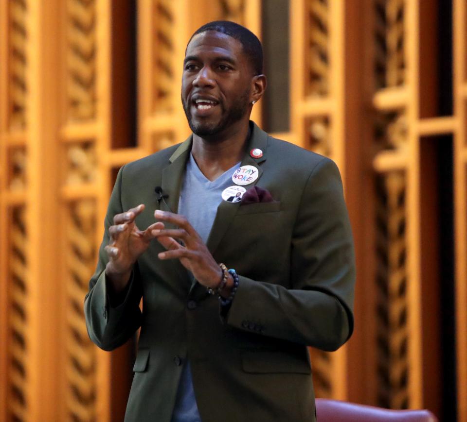 Then-New York City Councilman Jumaane Williams speaks during a panel discussion organized by Indivisible Westchester at Manhattanville College in Purchase July 26, 2018.