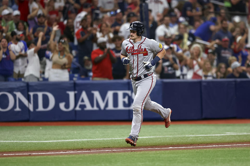 Atlanta Braves' Sean Murphy rounds the bases after his two-run home run against the Tampa Bay Rays during the fourth inning of a baseball game Friday, July 7, 2023, in St. Petersburg, Fla. (AP Photo/Mike Carlson)