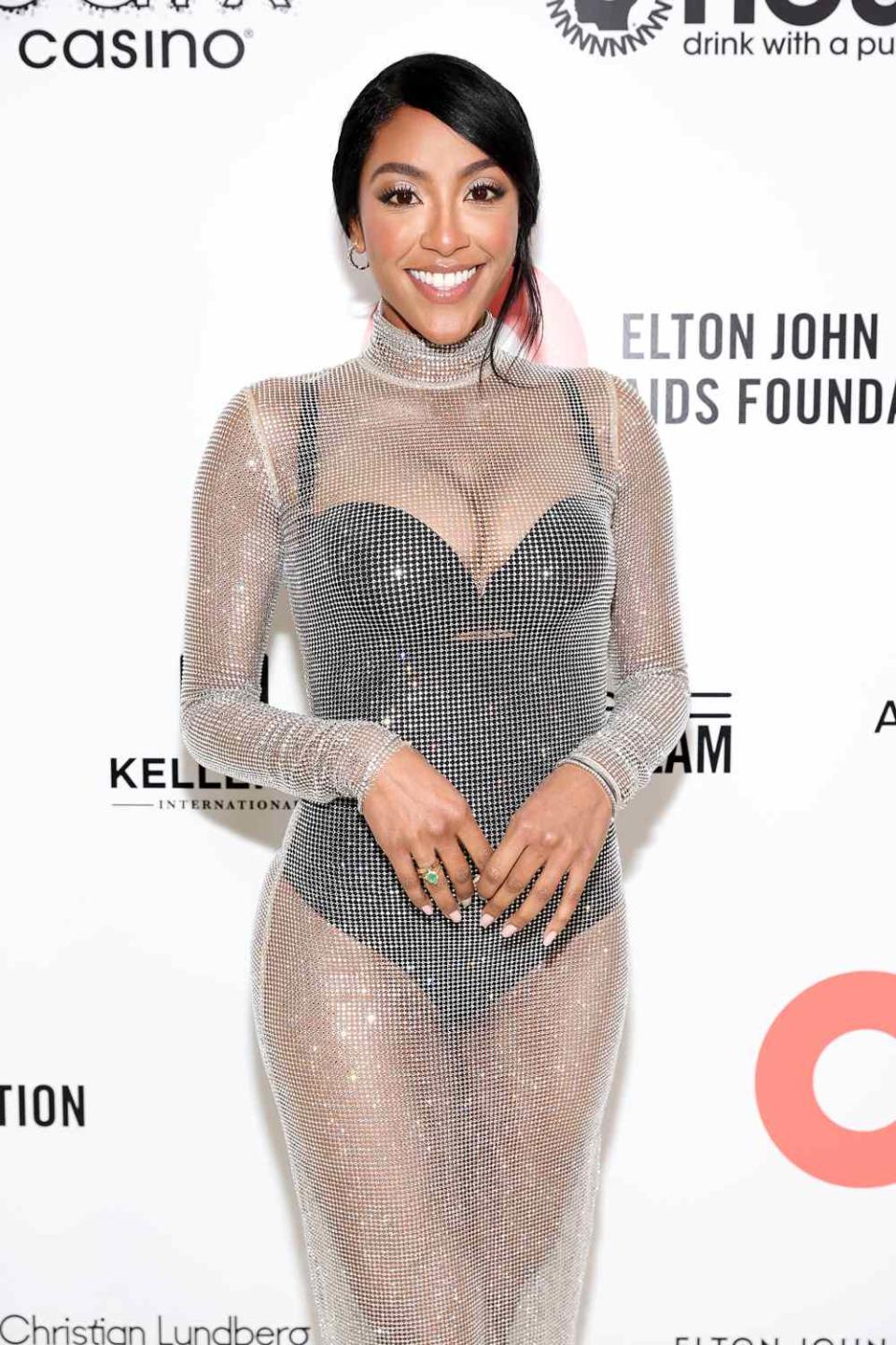 Tayshia Adams attends Elton John AIDS Foundation's 30th Annual Academy Awards Viewing Party on March 27, 2022 in West Hollywood, California.