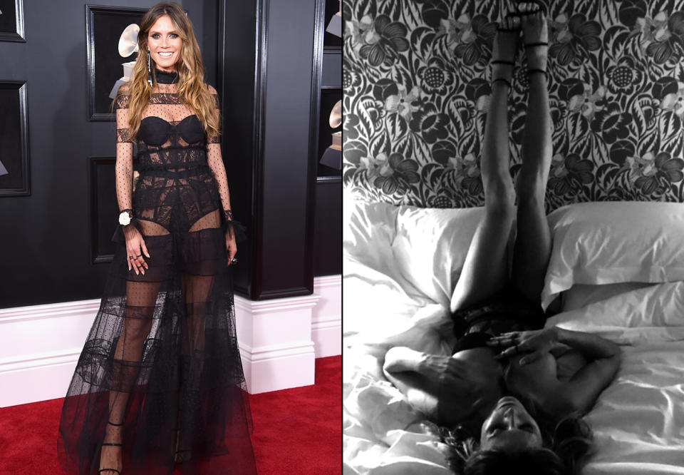 Heidi Klum looking hot on the red carpet at the Grammys … and looking even hotter later that night in bed. (Photos: Dimitrios Kambouris/Getty Images for NARAS and Heidi Klum via Instagram)
