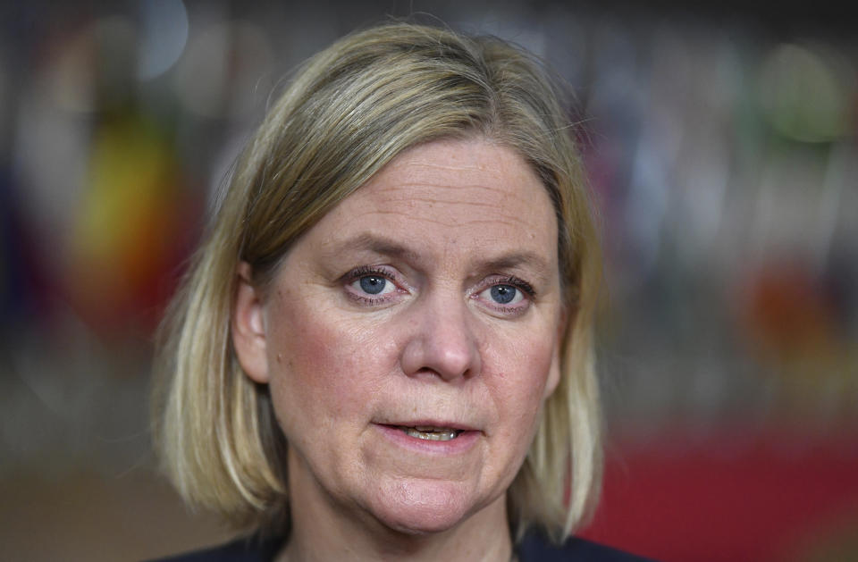 Sweden's Prime Minister Magdalena Andersson speaks with the media as he arrives for an extraordinary EU summit on Ukraine at the European Council building in Brussels, Thursday, Feb 24, 2022. Russia launched a wide ranging attack on Ukraine on Thursday, hitting cities and bases with airstrikes or shelling, as civilians piled into trains and cars to flee. (John Thys, Pool Photo via AP)