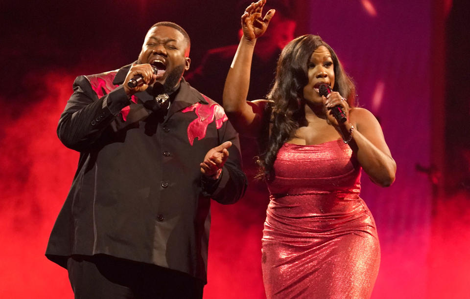 FILE - Michael Trotter Jr., left, and Tanya Trotter of The War and Treaty perform "That's How Love Is Made" at the 57th Annual CMA Awards in Nashville, Tenn. on Nov. 8, 2023. The duo is nominated for a Grammy Award for best new artist. (AP Photo/George Walker IV, File)