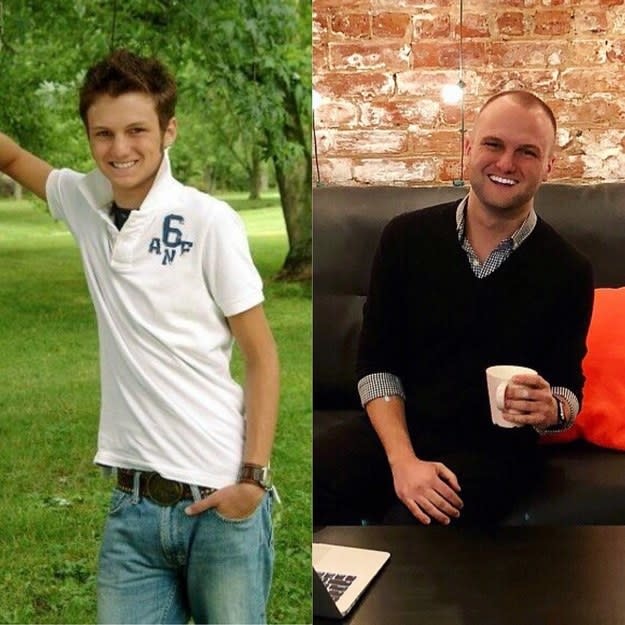 teenage boy with popped collar; man laughing with a coffee cup