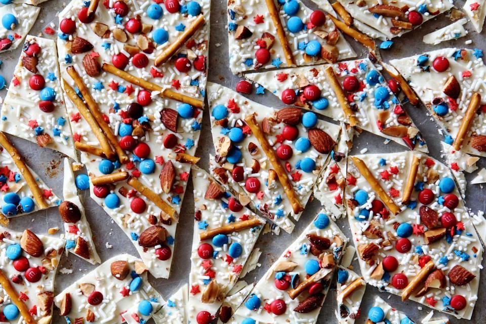 <p>This chocolate bark has everything: pretzels, almonds, M&M's and national pride.</p><p>Get the recipe from <a href="https://www.delish.com/cooking/recipe-ideas/recipes/a42972/patriotic-bark/" rel="nofollow noopener" target="_blank" data-ylk="slk:Delish;elm:context_link;itc:0;sec:content-canvas" class="link ">Delish</a>.</p>