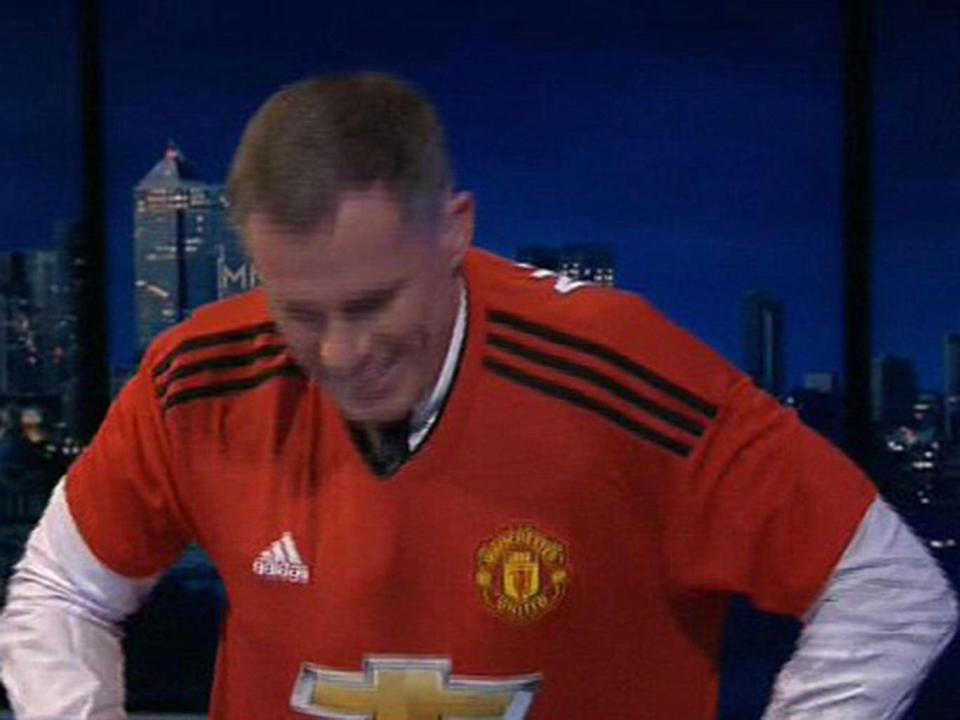 Carragher also wore a Gary Neville United shirt after losing a bet over former Spurs midfielder Paulinho (Sky Sports Premier League)