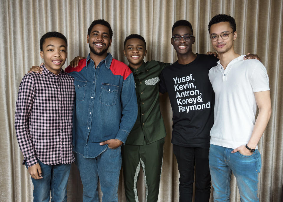 <p> This May 20, 2019 photo shows Asante Blackk, from left, Jharrel Jerome, Caleel Harris, Ethan Herisse, and Marquis Rodriguez posing at the Mandarin Oriental Hotel in New York to promote their Netflix show "When They See Us." (Photo by Christopher Smith/Invision/AP) </p>