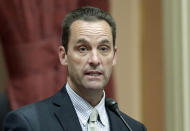 FILE - In this May 28, 2014, file photo, California state Sen. Steve Knight, R-Palmdale, speaks at the Capitol in Sacramento, Calif. Kinght is a candidate for the 25th Congressional District seat in the upcoming California Primary election. (AP Photo/Rich Pedroncelli, File)