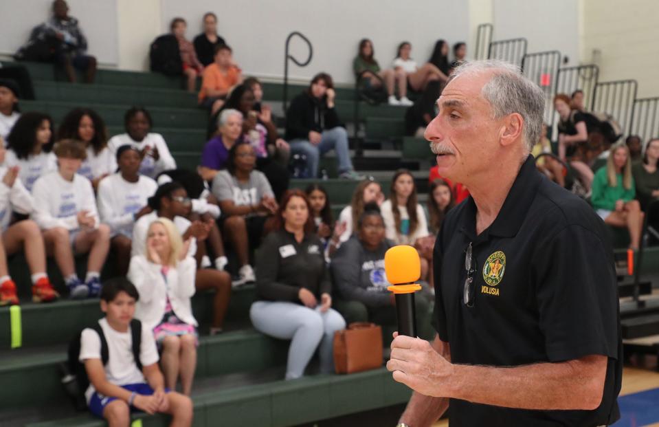 Volusia County Sheriff Mike Chitwood speaks to students at David C. Hinson Middle School, Monday, April 1, 2024, during an anti-tobacco, anti-vape program.