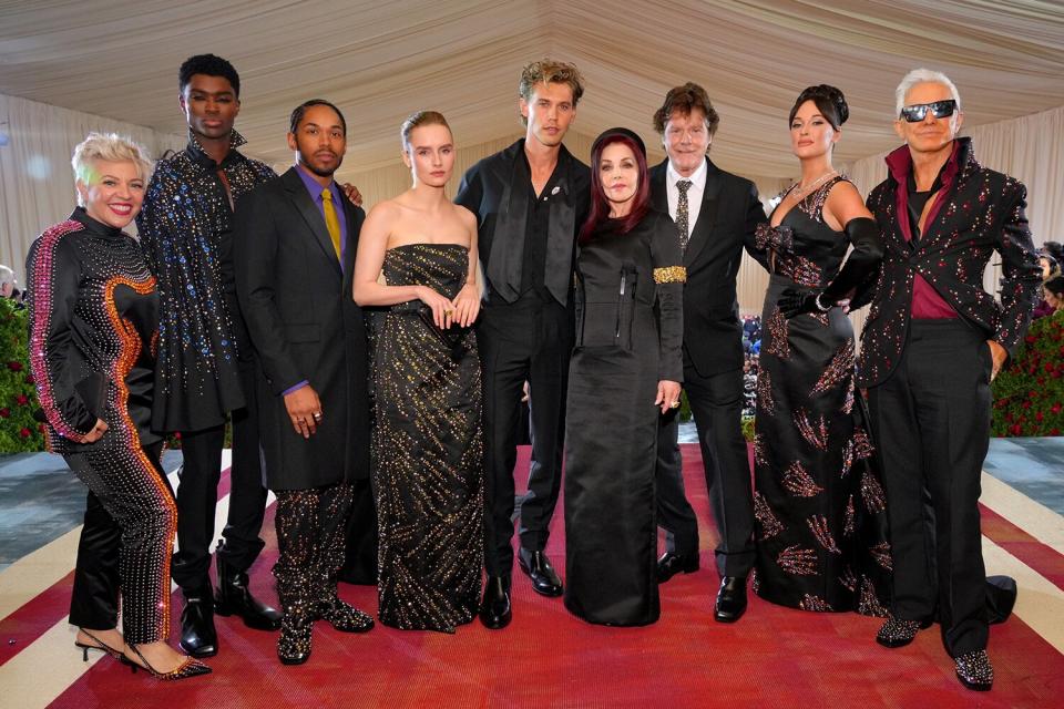 Catherine Martin, Alton Mason, Kelvin Harrison Jr., Olivia DeJonge, Austin Butler, Priscilla Presley, Jerry Schilling, Kacey Musgraves, and Baz Luhrmann arrive at The 2022 Met Gala Celebrating "In America: An Anthology of Fashion" at The Metropolitan Museum of Art on May 02, 2022 in New York City