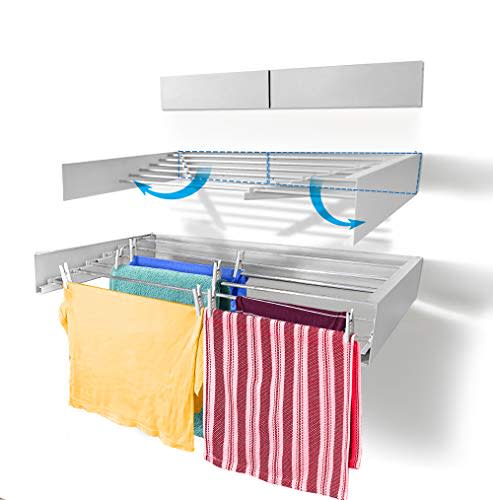 Step Up Laundry Drying Rack, Wall Mounted, Retractable Clothes Drying Rack, 60lbs Capacity, 20 Linear Ft, with Wall Template and Long Screwdriver Bit (White - 40