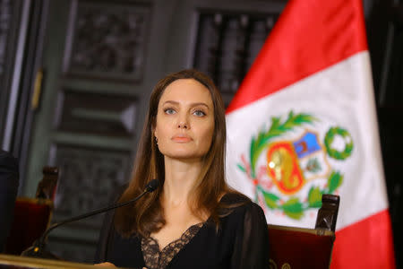 U.N. Refugee Agency’s special envoy Angelina Jolie attends a news conference at the government palace in Lima, Peru October 23, 2018. Courtesy of Peruvian Government Palace/Andres Valle/Handout via REUTERS