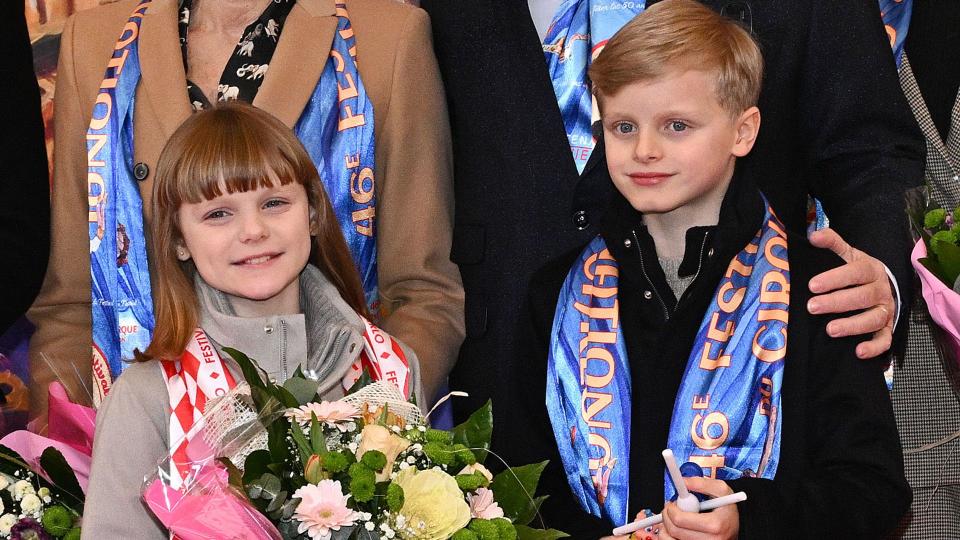 Louis Ducruet, Princess Stephanie of Monaco, Princess Gabriella, Prince Albert II, Prince Jacques, Camille Gottlieb, Gareth Wittstock, Roisin Wittsock and their daughters Kaia Rose and Bodie attend the 46th International Circus Festival 