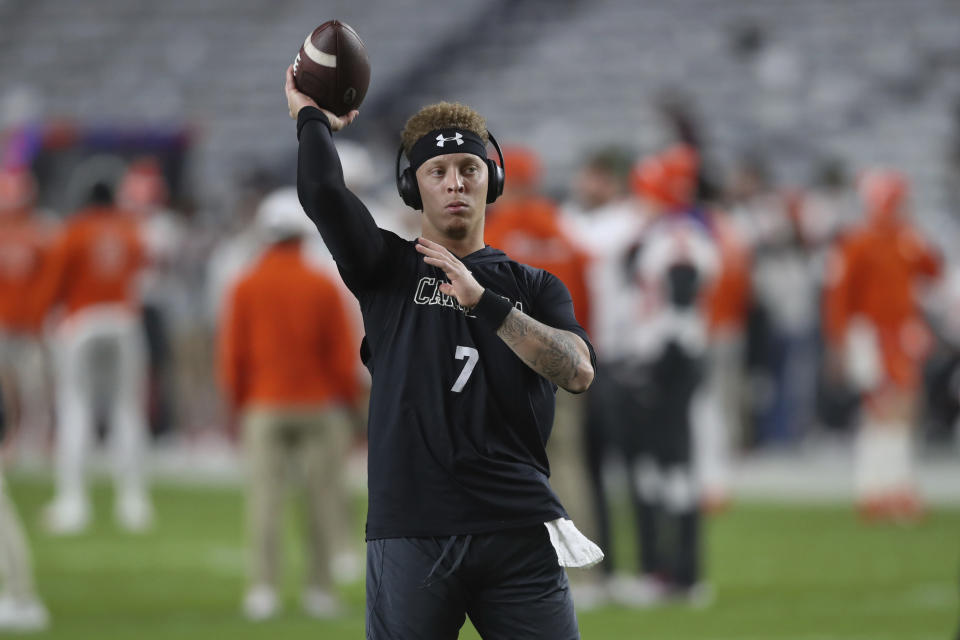 South Carolina quarterback Spencer Rattler warms up before an NCAA college football game against Clemson, Saturday, Nov. 25, 2023, in Columbia, S.C. (AP Photo/Artie Walker Jr.)