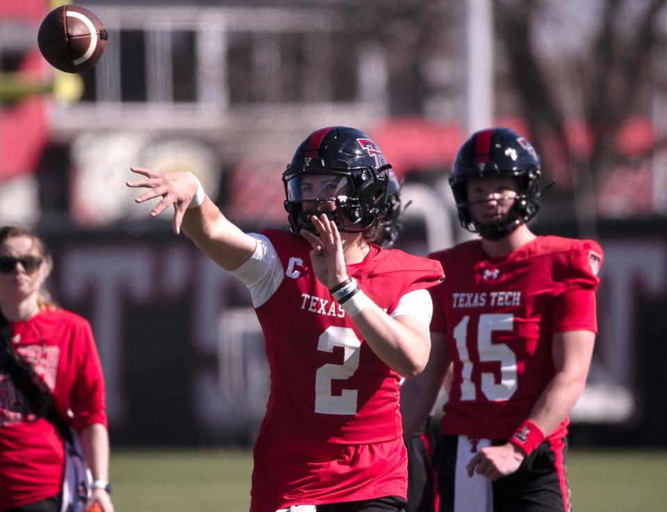 Behren Morton (2) delivers a pass during a Texas Tech spring practice session on March 19. Morton, shut down for shoulder soreness after six practices, was in Jacksonville, Florida, this past week for workouts and rehab on his AC joint injury.
