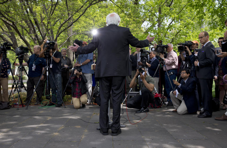 Sen. Bernie Sanders speaks to the media about his agenda for his presidential run on April 30, 2015, on Capitol Hill in Washington, D.C. 