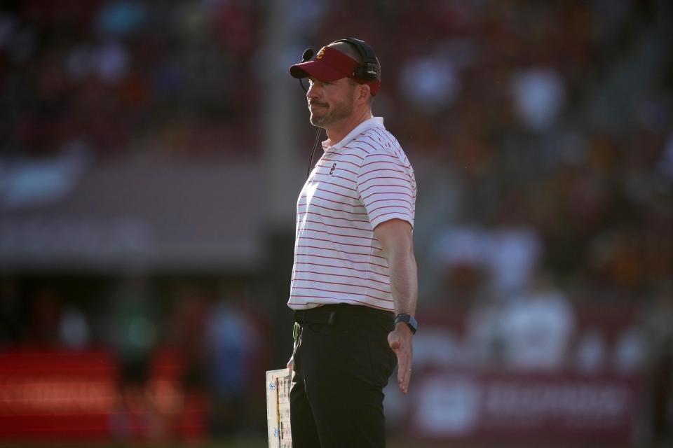 Southern California Trojans defensive coordinator Alex Grinch reacts against the Utah Utes in the first half at United Airlines Field at Los Angeles Memorial Coliseum.