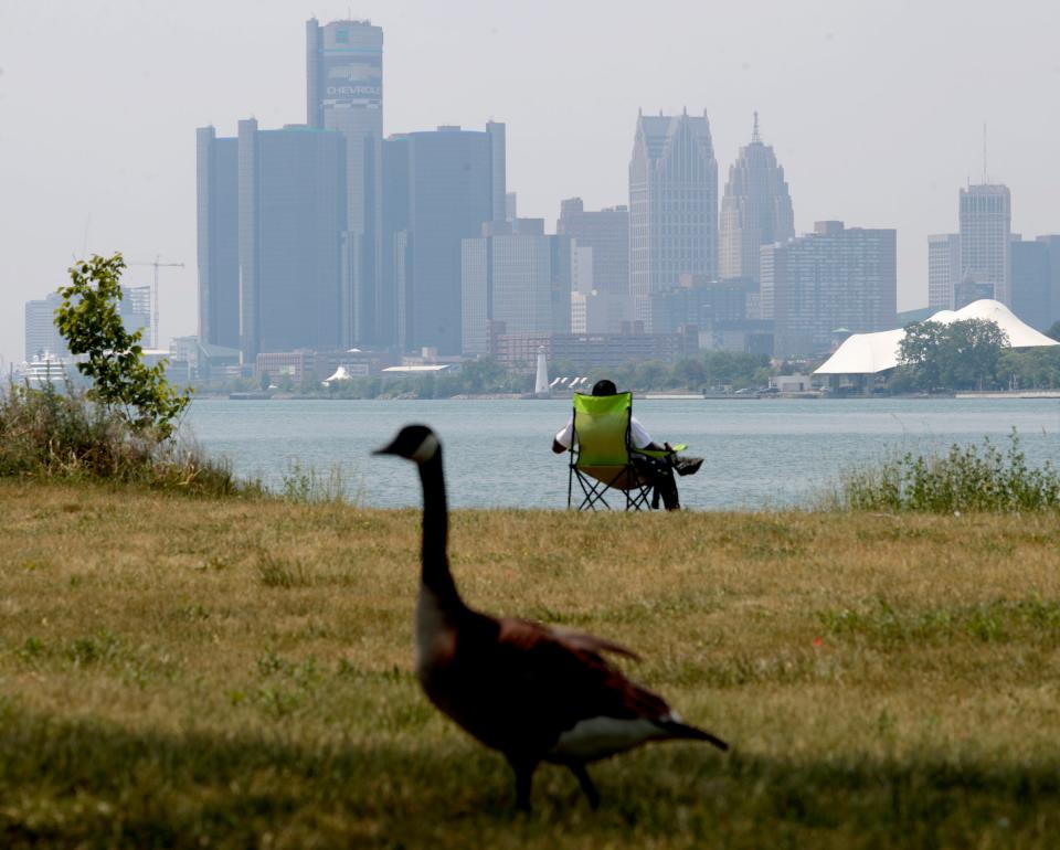 In a normal afternoon day in Detroit, the skyline is more clear from Belle Isle seen on Wednesday, June 7, 2023, but with the haze from the wildfire smoke in Canada that has taken over New York City and other areas of the country, it has come to metro Detroit.