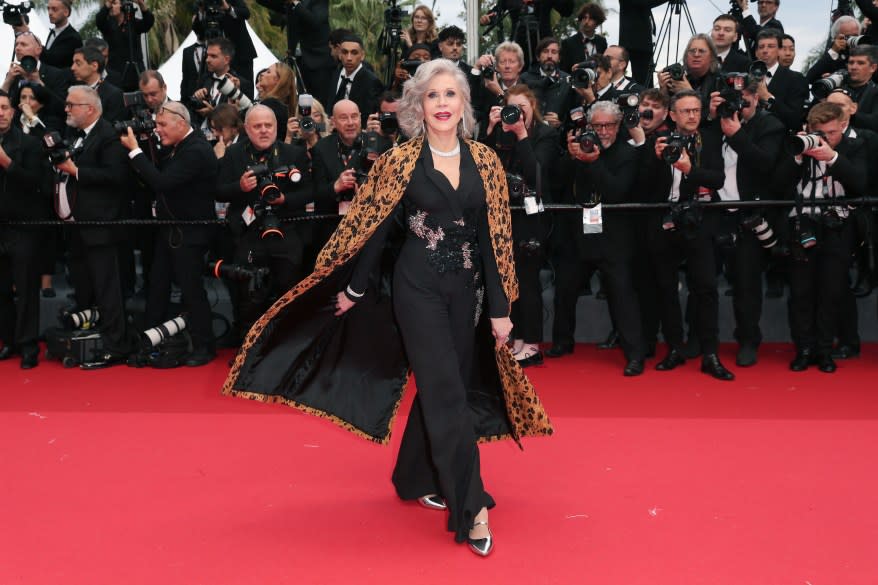 Jane Fonda in a black suit attending the 'Le Deuxieme Acte' screening and opening ceremony of the 77th Cannes Film Festival