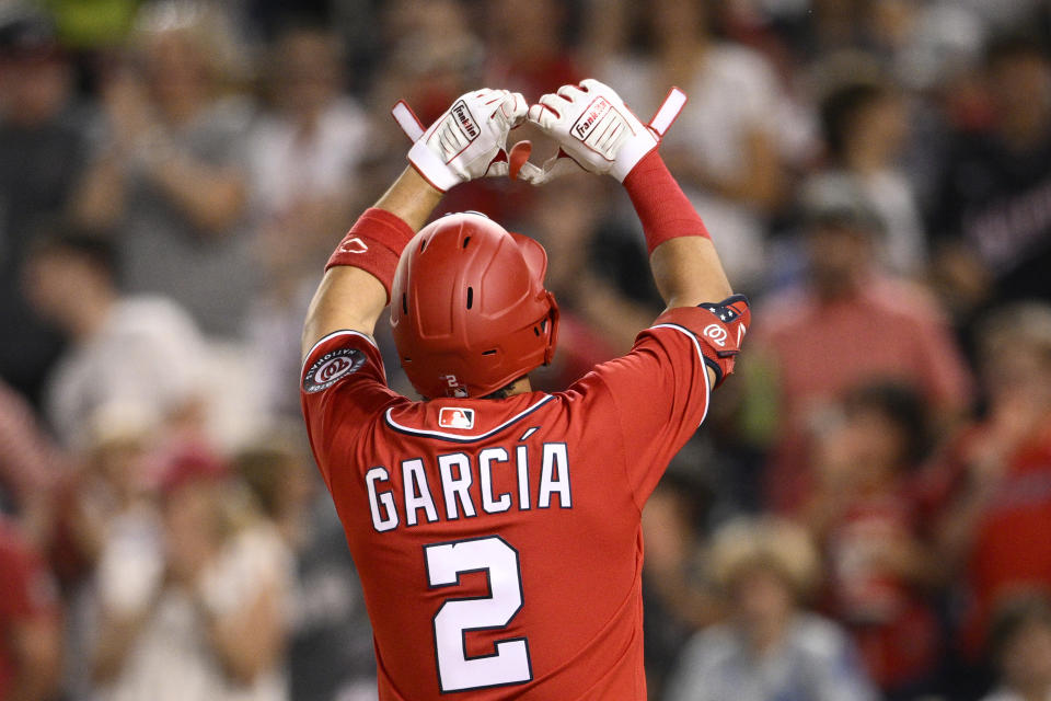 Washington Nationals' Luis Garcia celebrates his home run during the fifth inning of a baseball game against the Atlanta Braves, Wednesday, June 15, 2022, in Washington. (AP Photo/Nick Wass)
