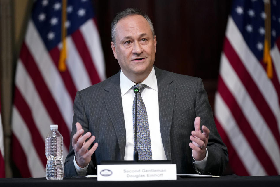 Doug Emhoff, the husband of Vice President Kamala Harris, speaks during a roundtable discussion with Jewish leaders about the rise in antisemitism and efforts to fight hate in the United States in the Indian Treaty Room in the Eisenhower Executive Office Building on the White House Campus in Washington, Wednesday, Dec. 7, 2022. (AP Photo/Patrick Semansky)