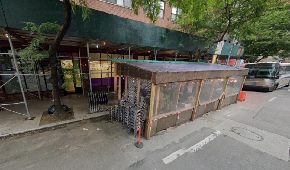 Buscemi was randomly slugged in front of this outdoor dining shed on May 8. Google maps