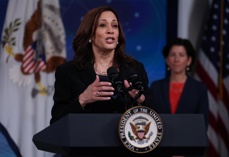 U.S. Vice President Kamala Harris speaks as she hosts an infrastructure event on internet technology with U.S. Secretary of Commerce Gina Raimondo in the Eisenhower Executive Office Building's South Court Auditorium at the White House in Washington, U.S., June 3, 2021.REUTERS/Evelyn Hockstein