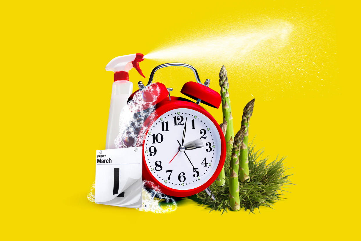 Illustration of clock, calendar, asparagus, and cleaning spray
