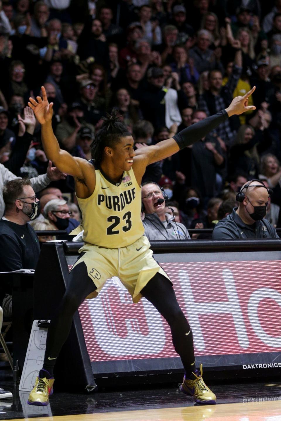 Purdue guard Jaden Ivey (23) reacts from the bench during the second half of an NCAA men's basketball game, Tuesday, Nov. 30, 2021 at Mackey Arena in West Lafayette.