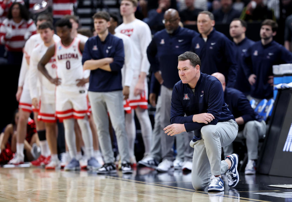 Mar 23, 2024; Salt Lake City, UT, USA; Arizona Wildcats head coach Tommy Lloyd during the second half in the second round of the 2024 NCAA Tournament against the Dayton Flyers at Vivint Smart Home Arena-Delta Center. Mandatory Credit: Rob Gray-USA TODAY Sports