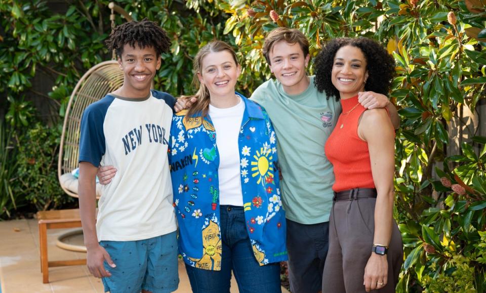 The Varga-Murphy family pictured from left to right Dex (Marley Williams), Cara (Sara West), JJ (Riley Bryant) and Remi (Naomi Rukavina) (Amazon Freevee)