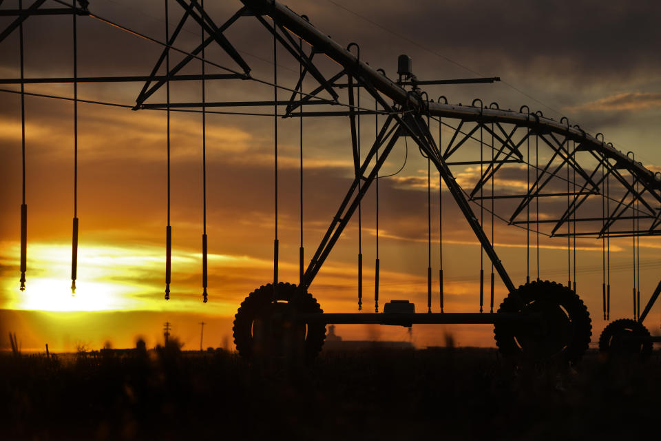 A center pivot irrigation sprinkler is silhouetted against the sky at sunset Thursday, Jan. 5, 2023, near Deerfield, Kan. Lawmakers are looking to take up groundwater issues in western Kansas in the upcoming session as the Kansas Water Authority is urging stricter usage measures to try to slow the steady decline of water levels in the Ogallala Aquifer. (AP Photo/Charlie Riedel)