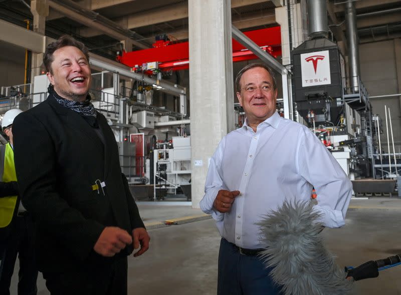 FILE PHOTO: Tesla CEO Musk and CDU party leader Laschet visit the construction site of Tesla's Gigafactory in Gruenheide near Berlin