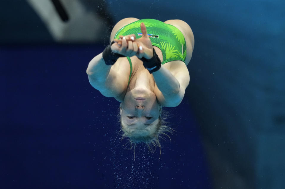 Julia Vincent of South Africa competes in women's diving 3m springboard preliminary at the Tokyo Aquatics Centre at the 2020 Summer Olympics, Friday, July 30, 2021, in Tokyo, Japan. (AP Photo/Dmitri Lovetsky)