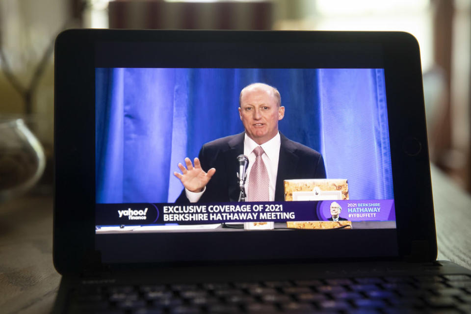 Greg Abel speaking at the recent Berkshire Hathaway AGM, exclusively streamed by Yahoo Finance. (Photographer: Daniel Acker/Bloomberg)