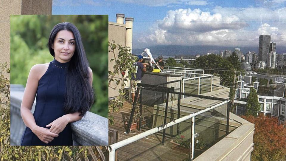 Lawyer Naomi Arbabi, shown at left in a photo from her law firm's website, sued neighbour Colleen McLelland over the installation of a privacy divider on her deck. Two workers are shown at centre installing the glass divider in September 2023. (Envision Law Corp/Naomi Arbabi - image credit)