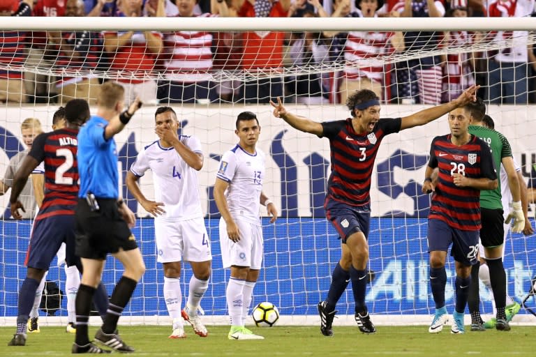 Omar Gonzalez of the US celebrates after scoring a goal against El Salvador during their 2017 CONCACAF Gold Cup quarter-final match, at Lincoln Financial Field in Philadelphia, Pennsylvania, on July 19