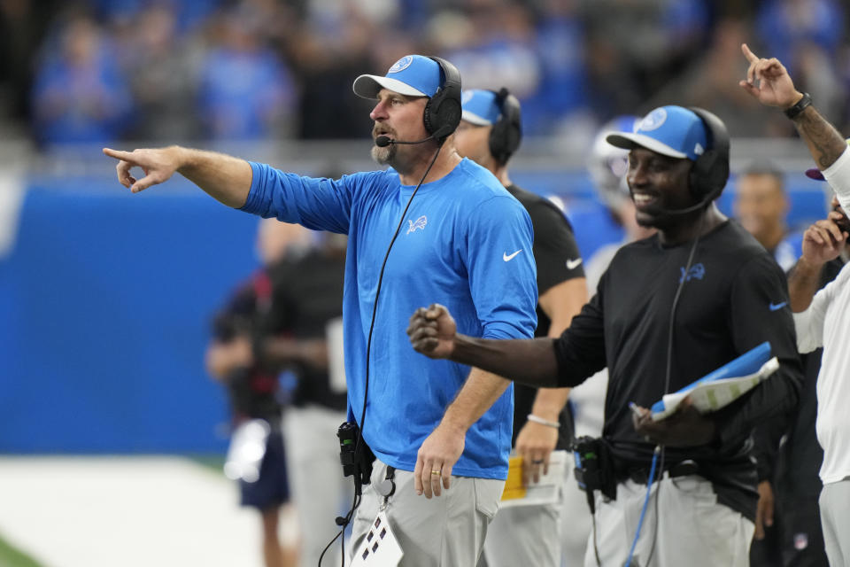 Detroit Lions head coach Dan Campbell calls out from the sideline in the first half of an NFL football game against the Carolina Panthers in Detroit, Sunday, Oct. 8, 2023. (AP Photo/Carlos Osorio)