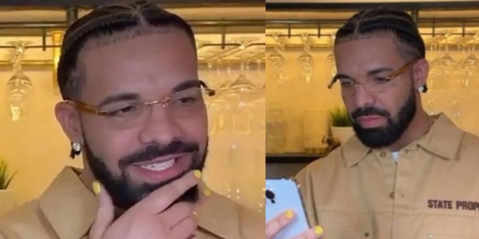 A composite of screenshots taken from Drake's livestream where the rapper is seen scratching his chin while standing in front of a bar with glasses hanging upside down while wearing a tan-colored shirt and glasses