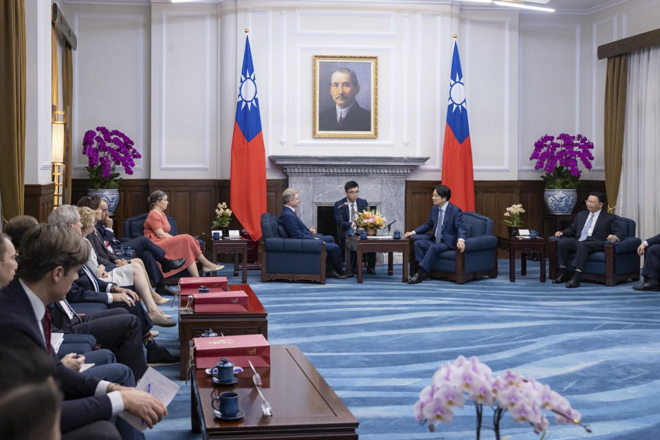 In this photo released by the Taiwan Presidential Office, Taiwan President Lai Ching-te, second right, meets with Rep. Michael McCaul, fourth right, R-Texas and his congressional delegation during a meeting in Taipei, Taiwan, Monday, May 27, 2024. A U.S. congressional delegation met Taiwan's new leader on Monday in a show of support shortly after China held drills around the self-governing island in response to his inauguration speech. (Taiwan Presidential Office via AP)