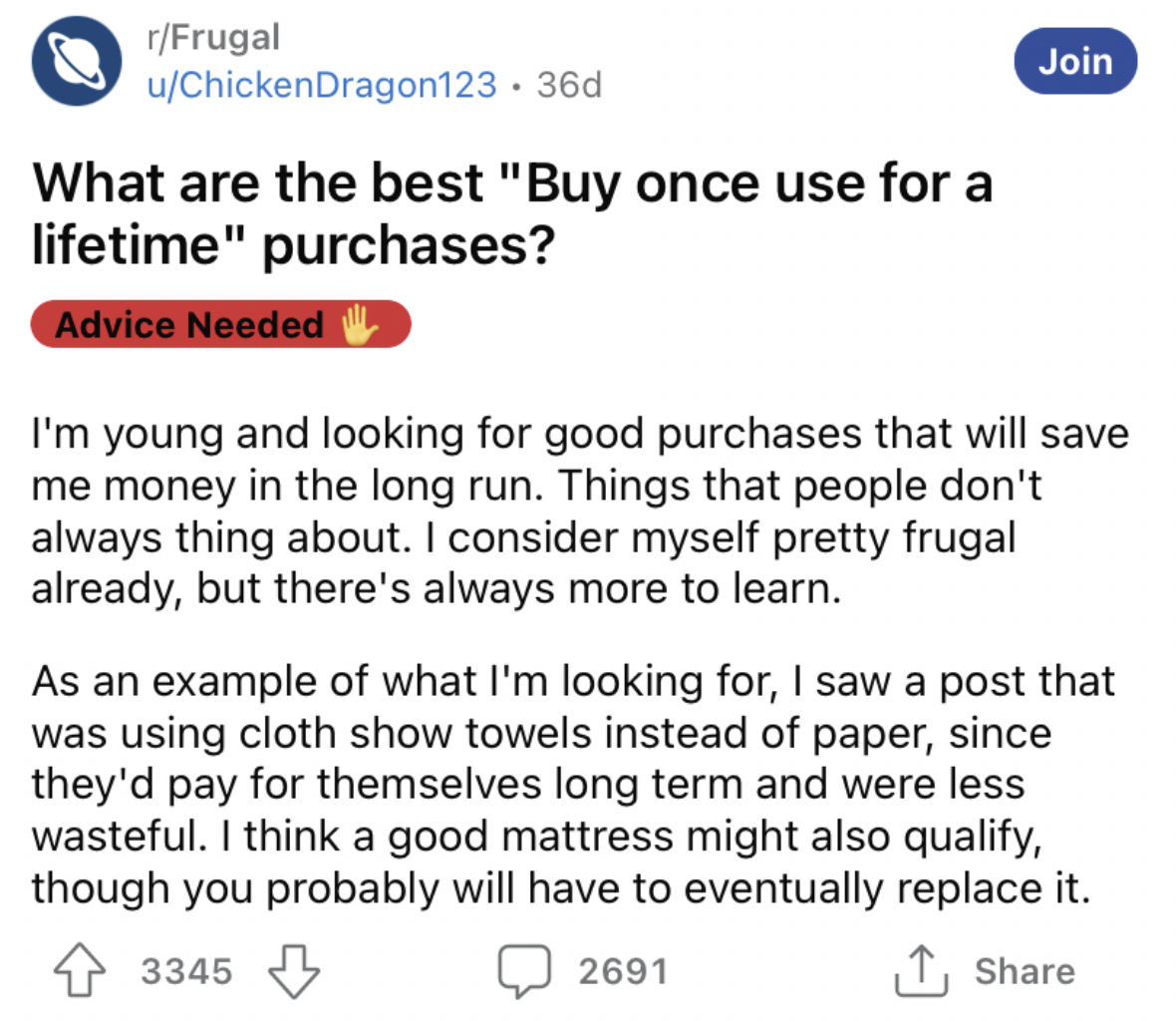 Reddit screenshot about people's best purchases that had lifetime value.