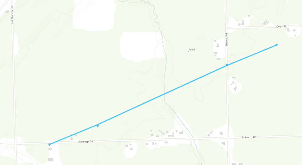 The path of a confirmed tornado during March 31, 2023 storms near Harlan in Allen County.