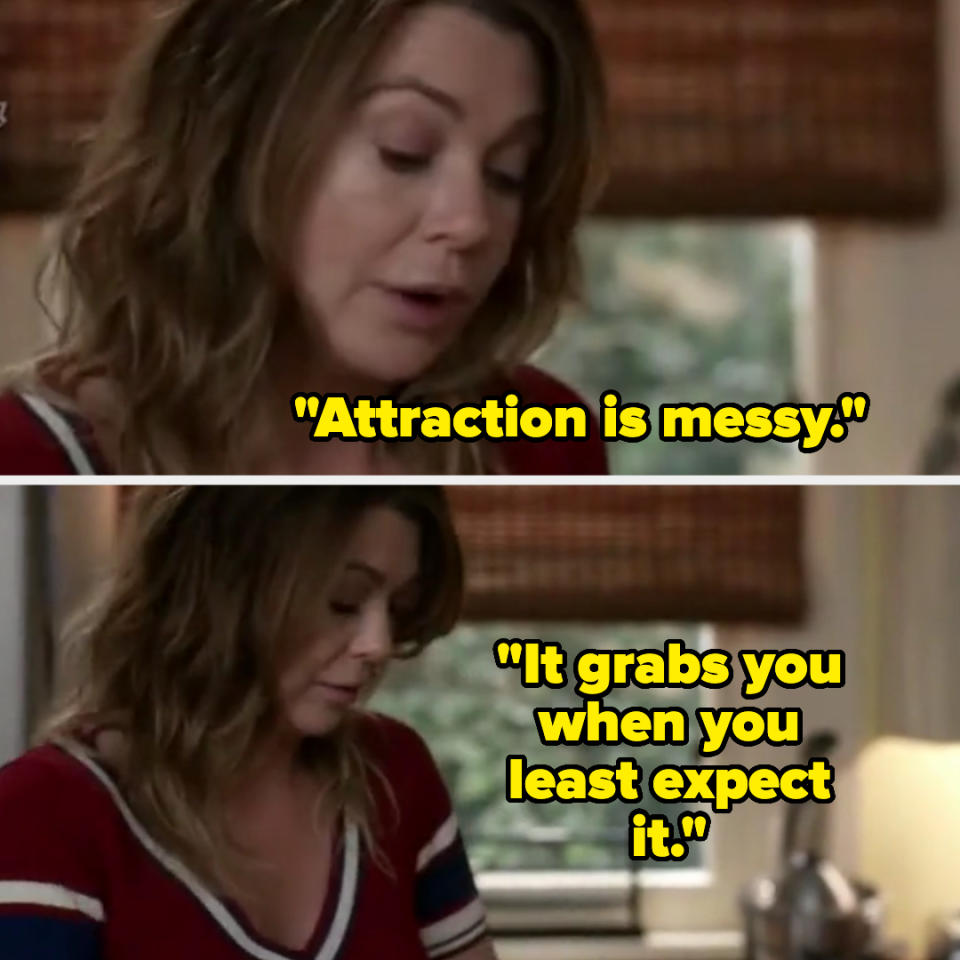 TV character in a scene with text overlays stating "Attraction is messy" and "It grabs you when you least expect it."