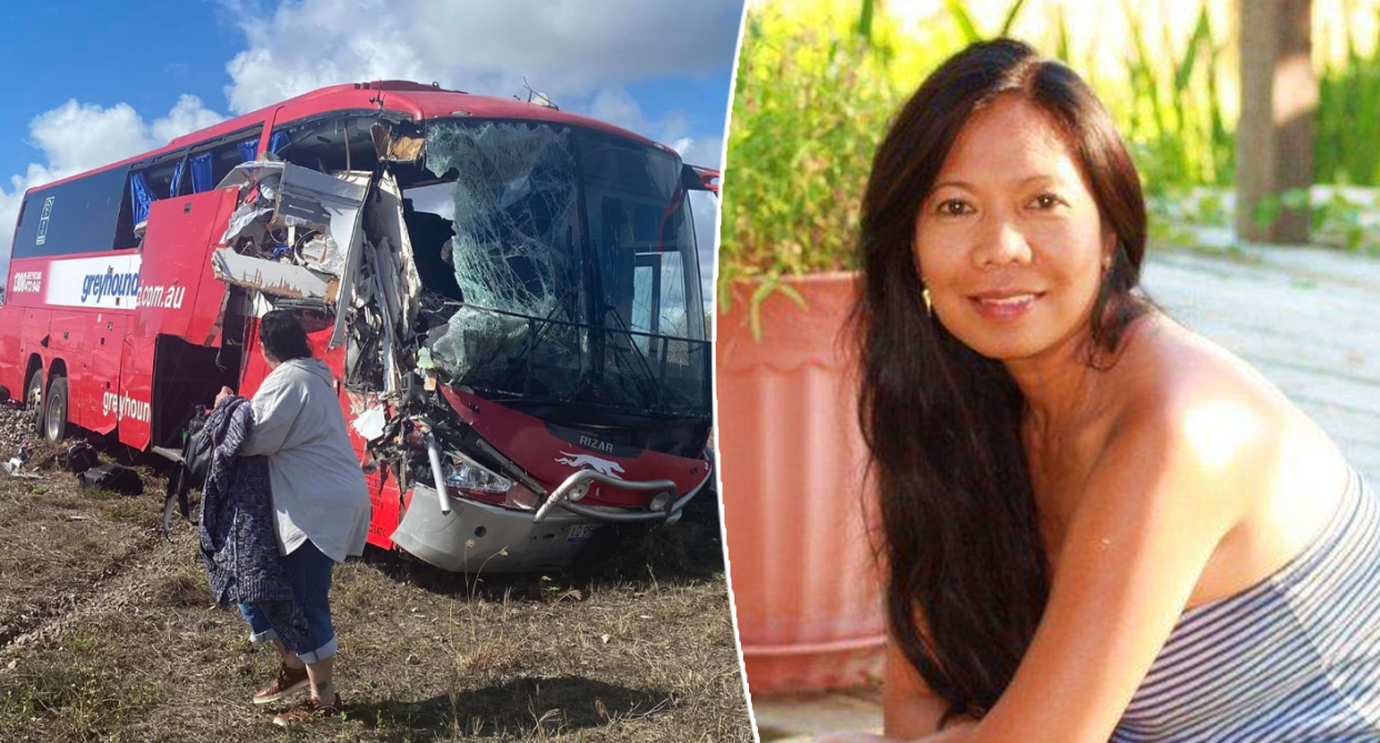 The Greyhound bus smashed and badly damaged as a passenger stands facing it (left) and a picture of Piezy Marie smiling at the camera (right). 