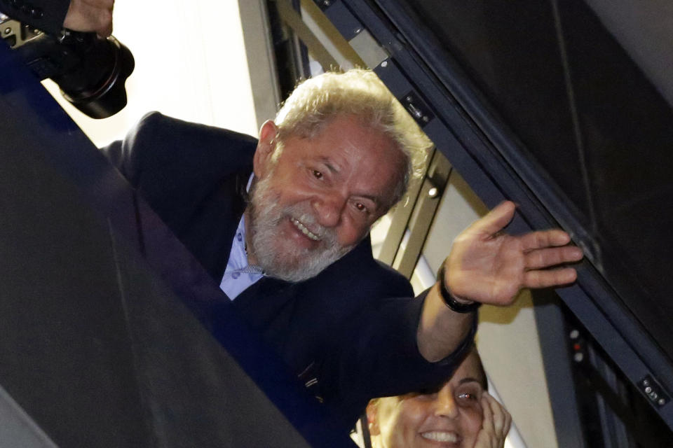 FILE - In this April 5, 2018 file photo, Brazil's former President Luiz Inacio Lula da Silva waves to supporters, in Sao Bernardo do Campo, Brazil. Lawyers representing the former leader say they have applied for his release following a legal ruling from a Supreme Court judge. Judge Marco Aurelio ruled Wednesday that individuals who have been convicted, but are at early stage of appeals, should be set free. The judge's decision would apply to da Silva who has been in prison since April and is appealing a conviction for corruption that led to a sentence of just over 12 years in prison. (AP Photo/Nelson Antoine, File)